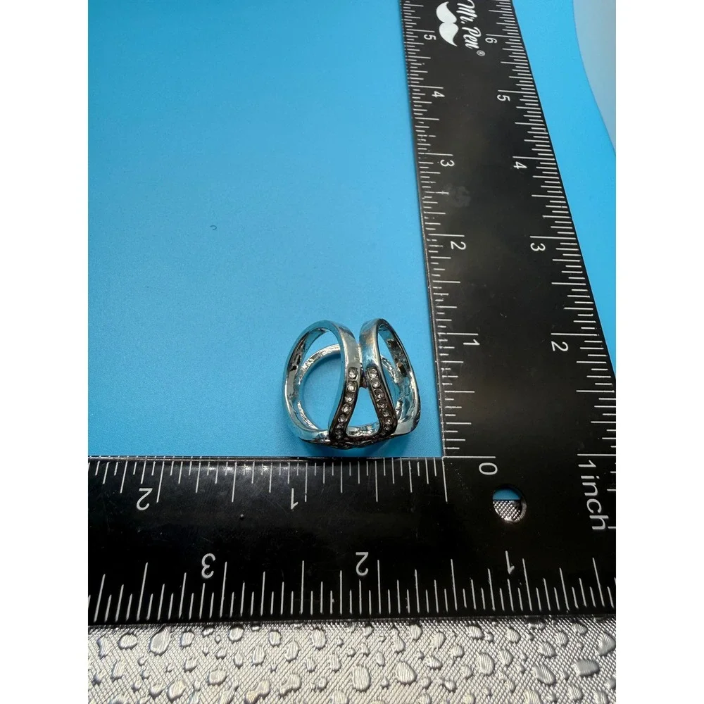 Silver Tone Triple Loop Scarf Ring Clear Rhinestone‎ Accents Geometric Accessory